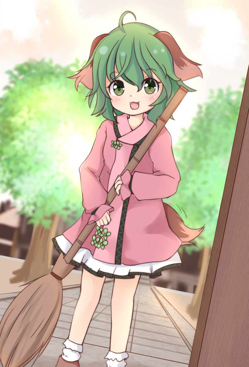 1girl :d absurdres animal_ears bamboo_broom broom chinoru dog_ears dog_tail dress fang green_eyes green_hair highres kasodani_kyouko long_sleeves miniskirt open_mouth pink_dress short_hair skirt smile tail touhou tree