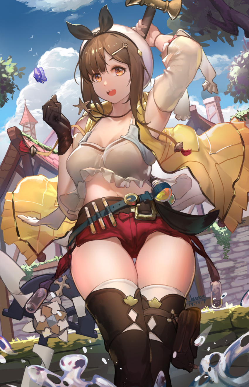 1girl absurdres artist_name atelier_(series) atelier_ryza belt breasts brown_eyes brown_hair collarbone commentary_request dated gloves hair_ornament hairclip hat highres jacket jewelry large_breasts looking_at_viewer luomo navel necklace open_mouth outdoors red_shorts reisalin_stout short_hair short_shorts shorts smile solo star thigh-highs thighs white_headwear yellow_jacket