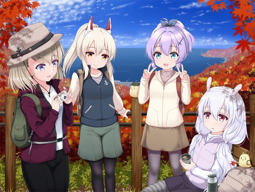 4girls :d :o alternate_costume animal animal_ears arm_support autumn_leaves ayanami_(azur_lane) azur_lane backpack bag bangs bird black_legwear black_pants black_ribbon black_skirt blue_jacket blue_sky brown_eyes brown_headwear brown_shirt brown_skirt bunny_hair_ornament camera chick closed_mouth clouds commentary_request day double_v eyebrows_visible_through_hair fence green_eyes green_shorts grey_legwear hair_between_eyes hair_ornament hair_ribbon hairband hands_up hat headgear high_ponytail holding holding_camera horizon iron_cross jacket javelin_(azur_lane) laffey_(azur_lane) legwear_under_shorts light_brown_hair long_hair long_sleeves manjuu_(azur_lane) multiple_girls ocean open_clothes open_jacket open_mouth outdoors pants pantyhose parted_lips ponytail purple_hair purple_jacket purple_vest rabbit_ears red_eyes ribbon shirt shorts silver_hair skirt sky smile striped striped_shirt thermos twintails u2_(5798239) v very_long_hair vest violet_eyes water white_hairband white_jacket white_shirt z23_(azur_lane)