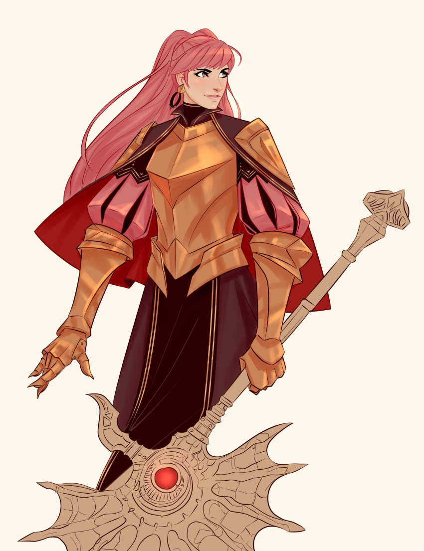 arm_guards armor axe bangs beige_background cape downscaled earrings fire_emblem fire_emblem:_three_houses gauntlets gerome_(fire_emblem)_cosplay gold_armor hair_down high_collar highres hilda_valentine_goneril hoop_earrings jewelry large_axe long_hair long_sleeves md5_mismatch pink_eyes pink_hair plate_armor pointing pointing_down puffy_long_sleeves puffy_sleeves red_cape resized romanimps shoulder_guard solo solo_focus