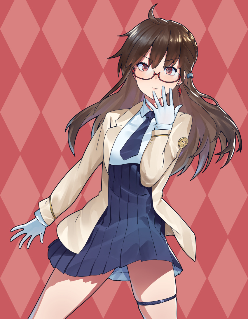 absurdres argyle argyle_background azur_lane blue_neckwear brown_hair commentary_request cowboy_shot earrings glasses gloves highres jewelry jojo_no_kimyou_na_bouken jojo_pose london_(azur_lane) long_hair long_sleeves necktie pink_background pose red-framed_eyewear red_eyes semi-rimless_eyewear shinidei thigh_strap two-tone_background under-rim_eyewear white_gloves