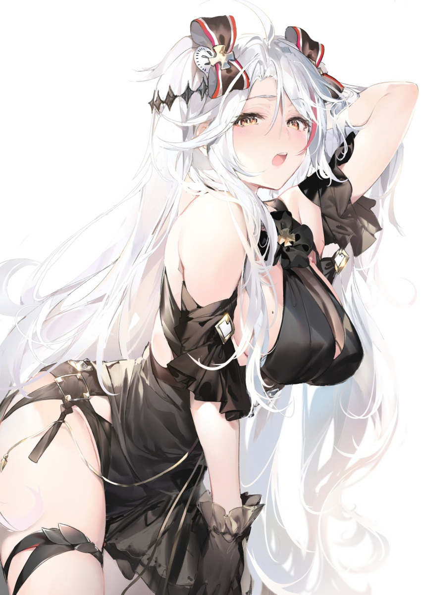 1girl antenna_hair arm_behind_head arm_up azur_lane bare_shoulders black_dress black_gloves blush bow breasts dress gloves hair_bow highres large_breasts long_hair looking_at_viewer mole mole_on_breast multicolored_hair open_mouth prinz_eugen_(azur_lane) prinz_eugen_(cordial_cornflower)_(azur_lane) sideboob silver_hair simple_background solo streaked_hair thighs two_side_up umibouzu_(niito) white_background yellow_eyes