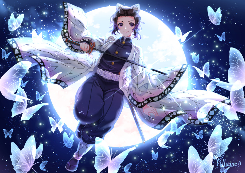 1girl animal artist_name bangs belt belt_buckle black_hair black_jacket black_legwear black_pants blue_butterfly breasts buckle bug butterfly butterfly_hair_ornament closed_mouth commentary english_commentary forehead full_body full_moon gradient_hair hair_ornament haori holding holding_sword holding_weapon insect jacket japanese_clothes katana kimetsu_no_yaiba kochou_shinobu long_sleeves looking_at_viewer moon multicolored_hair open_clothes pants parted_bangs purple_hair sheath signature small_breasts smile solo sword unsheathed villyane violet_eyes weapon white_belt white_footwear wide_sleeves zouri