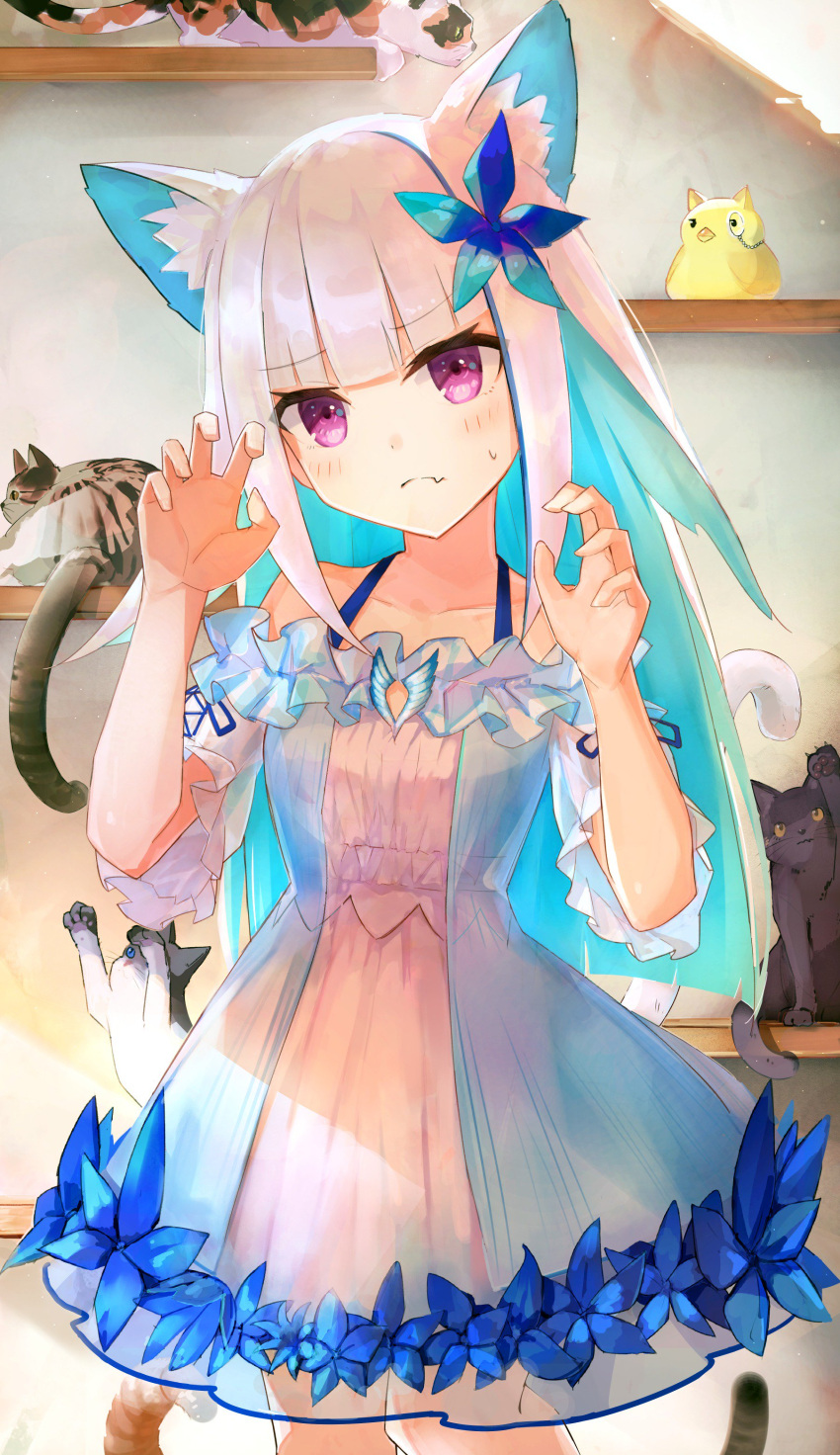 1girl absurdres animal_ear_fluff animal_ears bangs bare_shoulders blue_flower blunt_bangs blush cat cat_ears collarbone dress extra_ears eyebrows_visible_through_hair fang flower frown hair_flower hair_ornament hands_up highres indoors lize_helesta long_hair looking_at_viewer multicolored_hair nijisanji off-shoulder_dress off_shoulder paw_pose sebastian_piyodore skin_fang standing striped t6_ti two-tone_hair vertical-striped_dress vertical_stripes violet_eyes virtual_youtuber white_hair