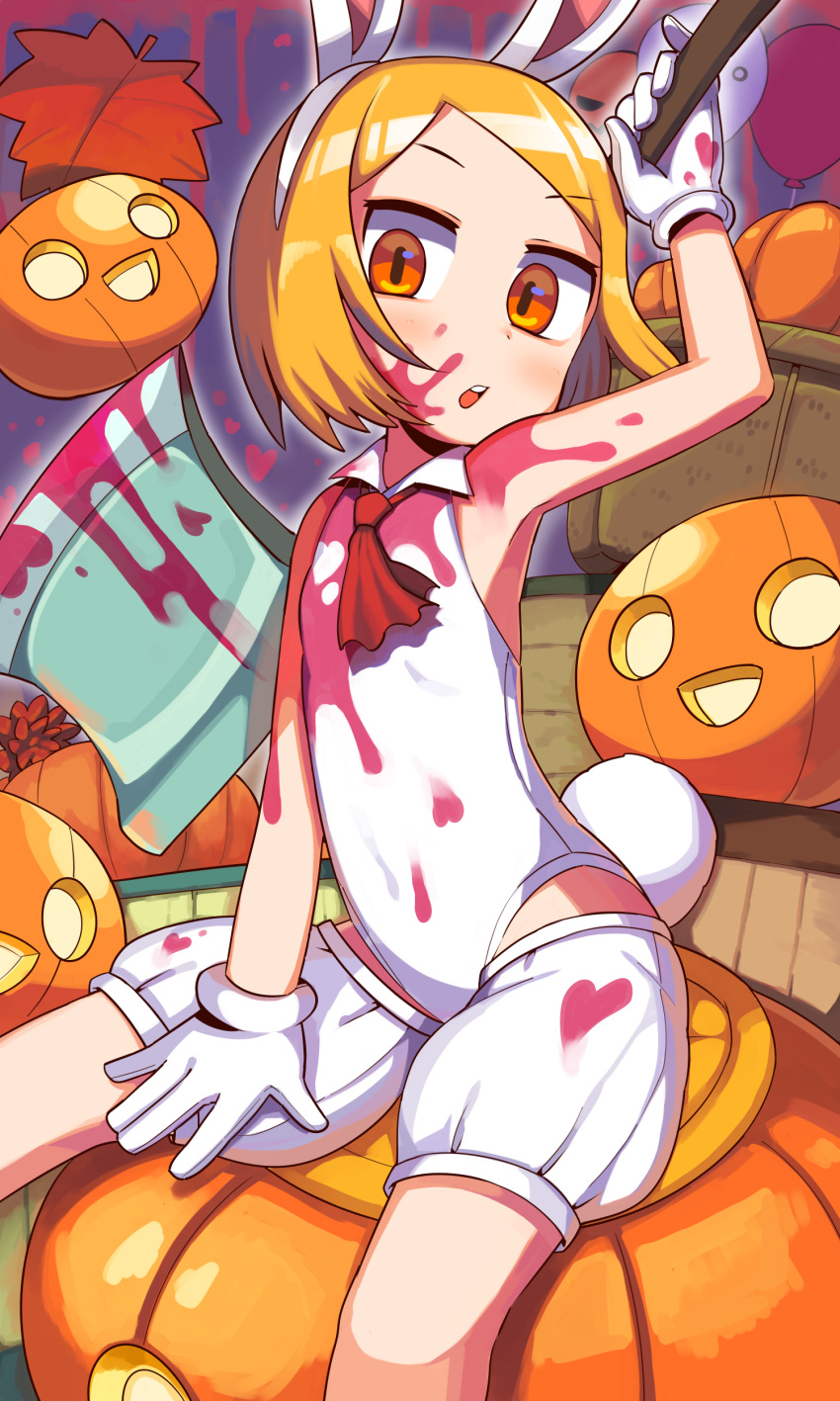 1girl :d absurdres animal_ears autumn_leaves axe balloon basket blonde_hair blood blood_splatter bunny_tail bunnysuit collared_leotard cravat eyebrows_visible_through_hair fate/grand_order fate_(series) flat_chest gloves halloween heroic_spirit_festival_outfit highres holding holding_axe jack-o'-lantern leaf lkll loli looking_at_viewer open_mouth orange_eyes paul_bunyan_(fate/grand_order) puffy_shorts pumpkin rabbit_ears short_hair shorts smile tail teeth