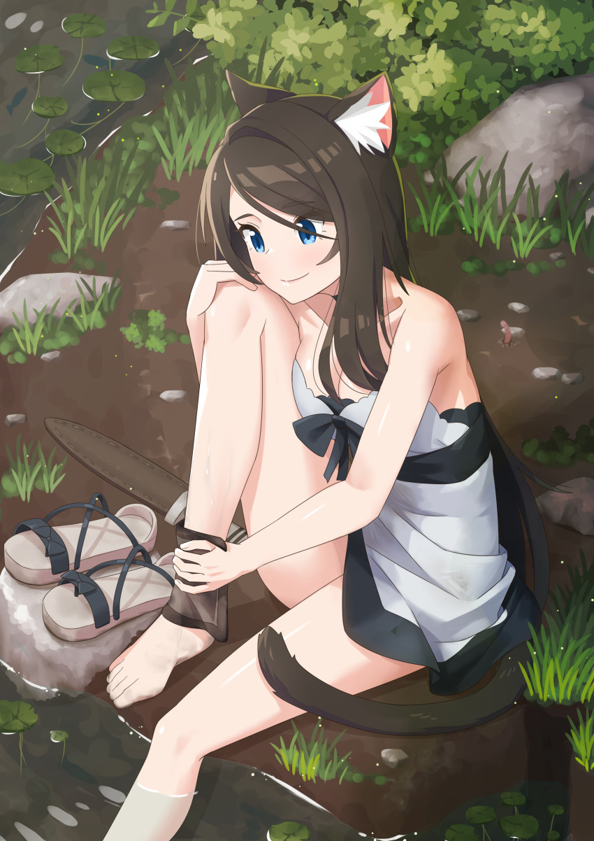 1girl absurdres animal_ear_fluff animal_ears bare_shoulders barefoot black_hair blue_eyes cat_ears cat_tail collarbone dress eyebrows_visible_through_hair eyes_visible_through_hair footwear_removed highres nekoze_(s22834712) original outdoors sandals sitting smile solo tail tu_ya_(nekoze) water weapon