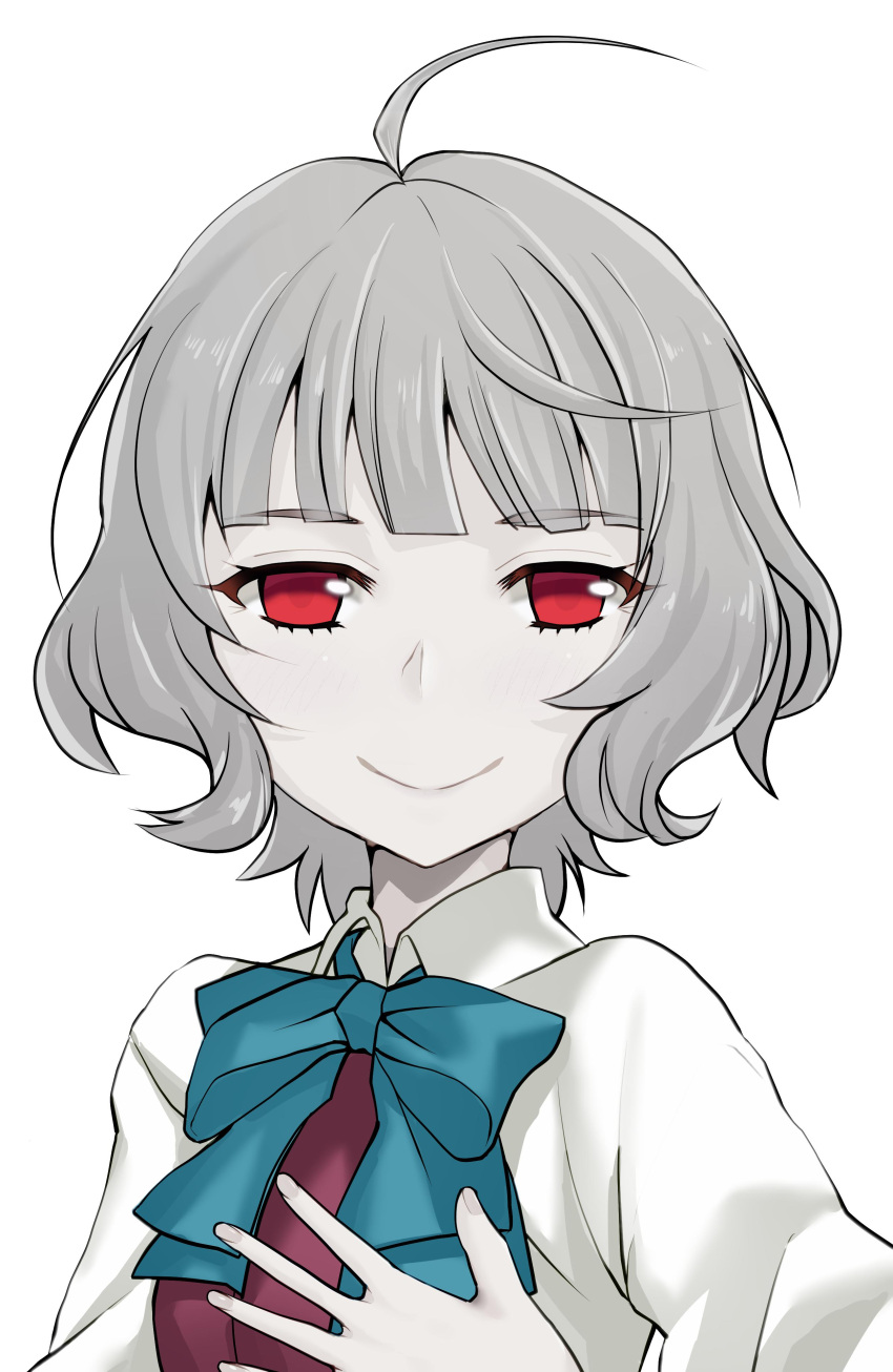 1girl absurdres ahoge albino alternate_eye_color alternate_hair_color bangs blunt_bangs bow bowtie commentary_request grey_hair highres kantai_collection kishinami_(kantai_collection) looking_at_viewer red_eyes short_hair simple_background smile solo upper_body white_background yunoji_yusuke