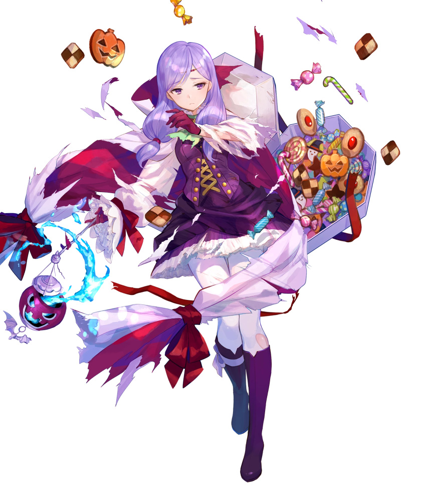 1girl alternate_costume bangs boots breasts buttons candy cape circlet closed_mouth detached_sleeves dress eyebrows_visible_through_hair fire_emblem fire_emblem:_path_of_radiance fire_emblem:_radiant_dawn fire_emblem_heroes food fuji_choko full_body gloves hair_ornament halloween_costume highres holding ilyana_(fire_emblem) jewelry knee_boots long_hair long_sleeves looking_away medium_breasts official_art pantyhose purple_footwear purple_gloves purple_hair shiny shiny_hair short_dress skirt solo tied_hair torn_clothes transparent_background violet_eyes white_legwear
