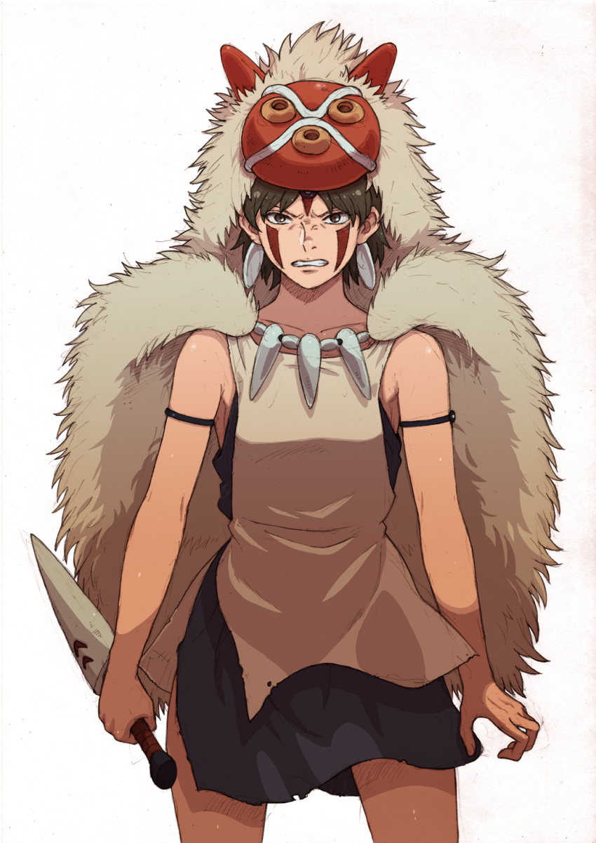 1girl brown_eyes brown_hair cape clenched_teeth collarbone dagger facepaint fur fur_cape grimace highres jewelry looking_at_viewer mask mononoke_hime necklace san short_hair solo studio_ghibli tanuki_koubou teeth weapon white_background