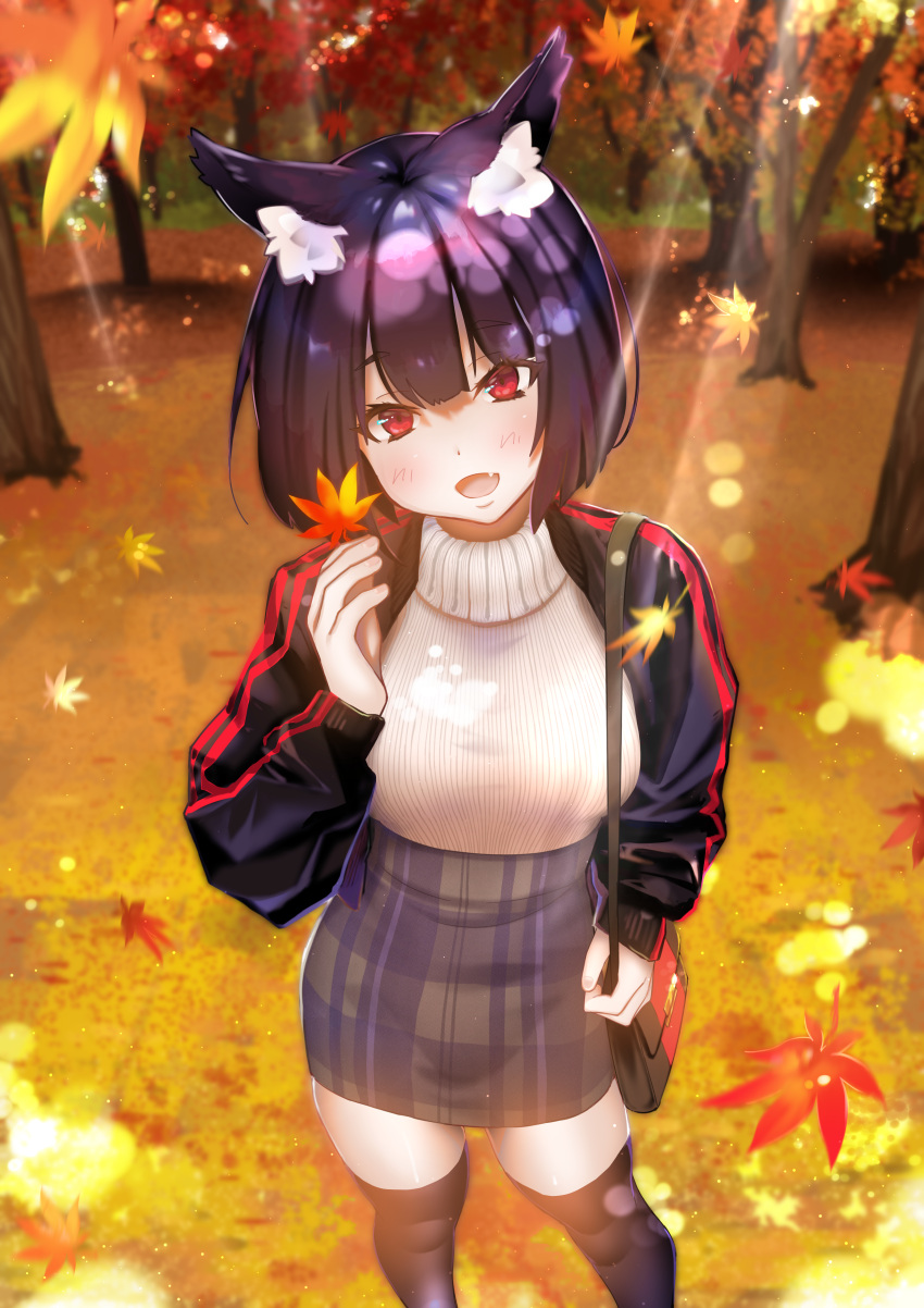 1girl :d absurdres animal_ear_fluff animal_ears autumn_leaves azur_lane bag black_hair black_legwear blurry blush cat_ears commentary depth_of_field eyebrows_visible_through_hair fang handbag head_tilt highres holding huge_filesize jacket leaf lens_flare long_sleeves looking_at_viewer maple_leaf open_clothes open_jacket open_mouth plaid plaid_skirt shi_(user_rsxk7235) short_hair skirt smile solo standing sweater thigh-highs tree turtleneck turtleneck_sweater yamashiro_(azur_lane)