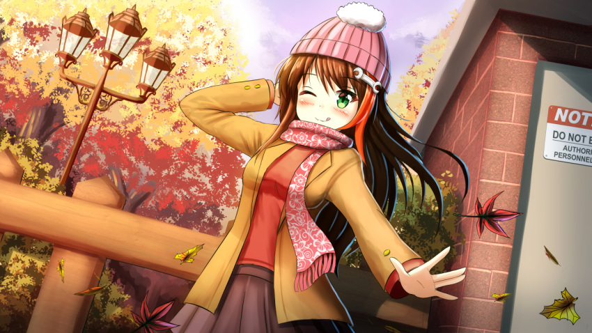 1girl ;q arlly_radithia autumn_leaves bangs beanie black_skirt blue_sky blush breasts brick_wall brown_hair brown_jacket closed_mouth clouds commentary commission day door english_commentary eyebrows_visible_through_hair fence green_eyes hair_between_eyes hair_ornament hat jacket lamppost leaf long_hair long_sleeves maple_leaf medium_breasts multicolored_hair one_eye_closed open_clothes open_jacket orange_hair original outdoors pink_headwear pleated_skirt red_shirt shirt sign skirt sky smile solo streaked_hair tongue tongue_out tree very_long_hair warning_sign wrench