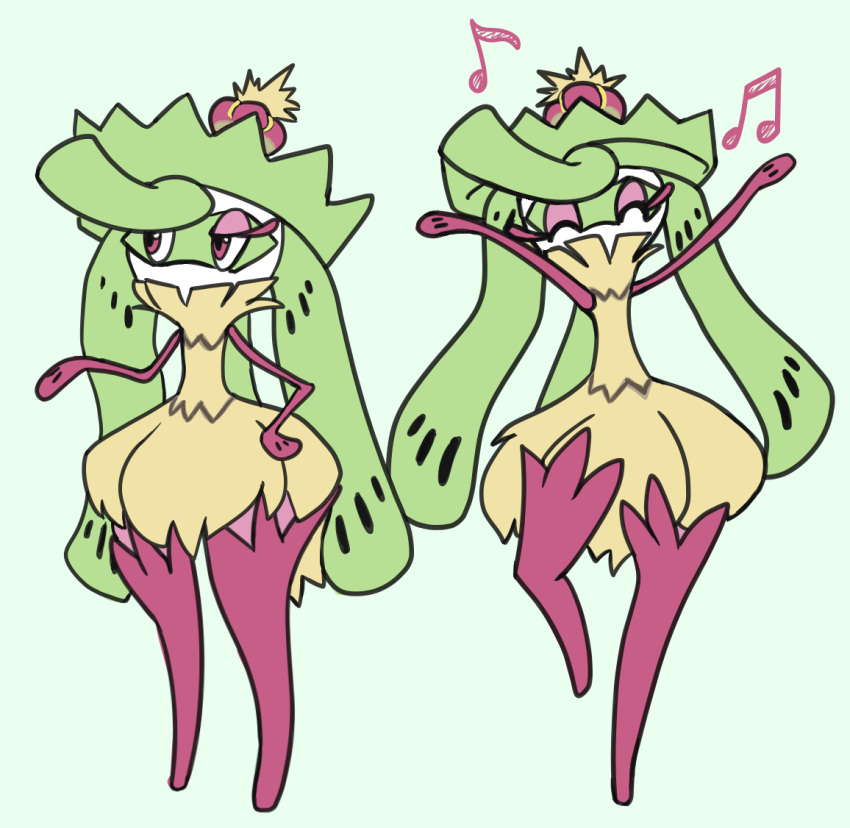 arms_up closed_eyes dancing drawfag eighth_note flat_color fusion gen_3_pokemon gen_6_pokemon hand_on_hip ludicolo musical_note no_humans pink_eyes pokemon pokemon_(creature) simple_background sixteenth_note standing tsareena