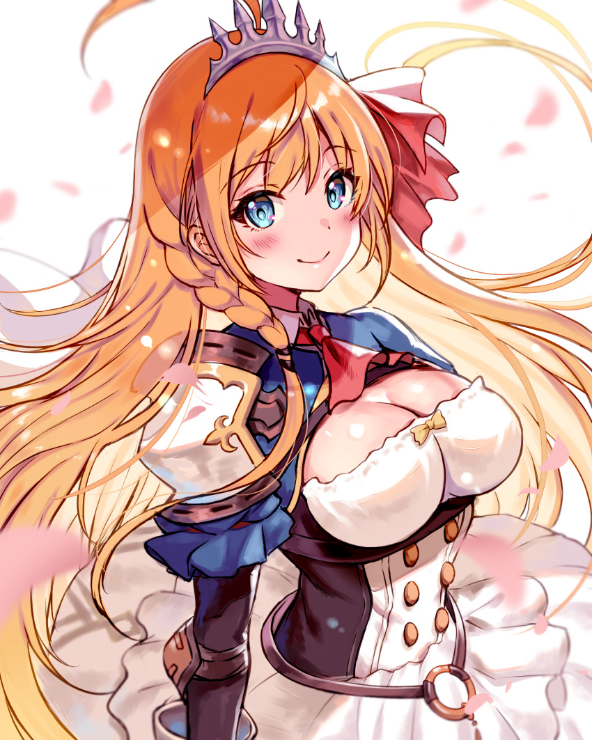 ahoge armor blue_eyes bow braid breasts hair_ribbon highres long_hair orange_hair pecorine princess_connect! princess_connect!_re:dive red_ribbon rei_(kinokotype) ribbon skirt smile tiara yellow_bow