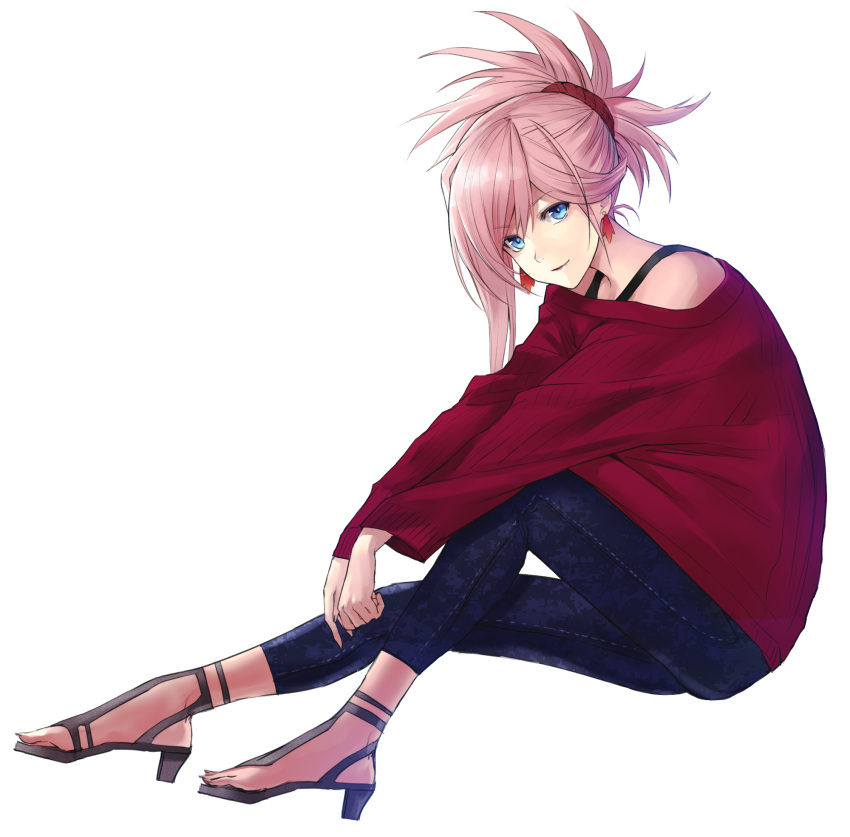 1girl applekun asymmetrical_hair blue_eyes blue_pants casual closed_mouth denim earrings eyebrows_visible_through_hair fate/grand_order fate_(series) from_side full_body hair_between_eyes highres jeans jewelry long_hair long_sleeves looking_at_viewer miyamoto_musashi_(fate/grand_order) multiple_girls off-shoulder_sweater off_shoulder pants pink_hair red_sweater ribbed_sweater simple_background sitting smile solo sweater tied_hair white_background
