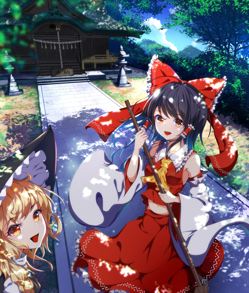 2girls :d absurdres ascot bangs bare_shoulders black_hair black_headwear blonde_hair blue_sky bow braid breasts broom brown_eyes clouds commentary_request cowboy_shot day detached_sleeves eyebrows_visible_through_hair frilled_bow frilled_shirt_collar frills hair_bow hair_tubes hakurei_reimu hakurei_shrine hat head_tilt highres holding holding_broom kirisame_marisa long_hair long_sleeves looking_at_viewer midriff multiple_girls navel open_mouth outdoors red_bow red_skirt shadow shide shrine sidelocks skirt skirt_set sky small_breasts smile standing touhou tree wide_sleeves witch_hat yamanakaume yellow_eyes yellow_neckwear
