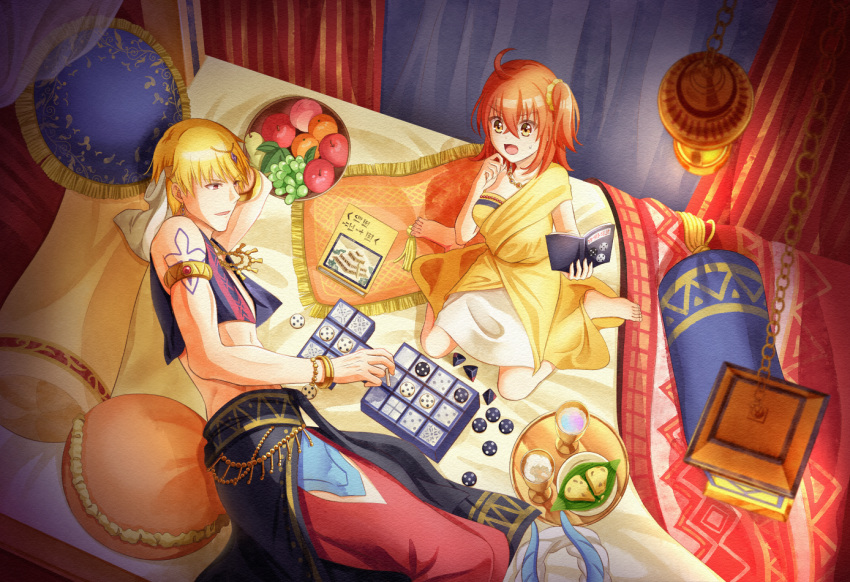 1boy 1girl :d ahoge armlet barefoot blonde_hair blush bracelet eyebrows_visible_through_hair fate/grand_order fate_(series) from_above fujimaru_ritsuka_(female) gilgamesh gilgamesh_(caster)_(fate) hair_between_eyes hair_ornament hair_scrunchie head_rest holding jewelry long_hair lying miniskirt necklace on_bed on_side open_mouth orange_hair pillow red_eyes riako scrunchie shiny shiny_hair side_ponytail sitting sitting_on_bed skirt sleeveless smile wariza white_skirt yellow_scrunchie