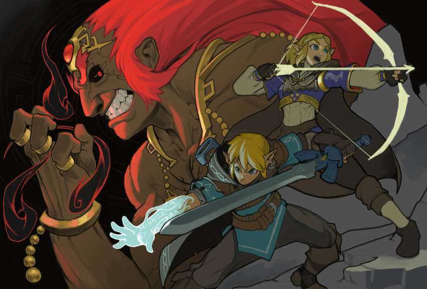 1girl 2boys action aiming ankle_boots bangs black_cape black_fire black_sclera blnk blonde_hair blue_eyes blue_tunic boots bow_(weapon) bracelet braid breasts brown_footwear brown_gloves cape crown_braid dark_skin fighting_stance fingerless_gloves fire forehead_jewel ganondorf gerudo gloves glowing glowing_hand holding holding_sword holding_weapon hood hood_down hooded_cape jewelry link magic male_focus master_sword multiple_boys open_mouth pants parted_bangs pointy_ears princess_zelda red_eyes redhead ring scabbard sheath short_hair shrug_(clothing) small_breasts sword the_legend_of_zelda the_legend_of_zelda:_breath_of_the_wild the_legend_of_zelda:_breath_of_the_wild_2 thick_eyebrows weapon