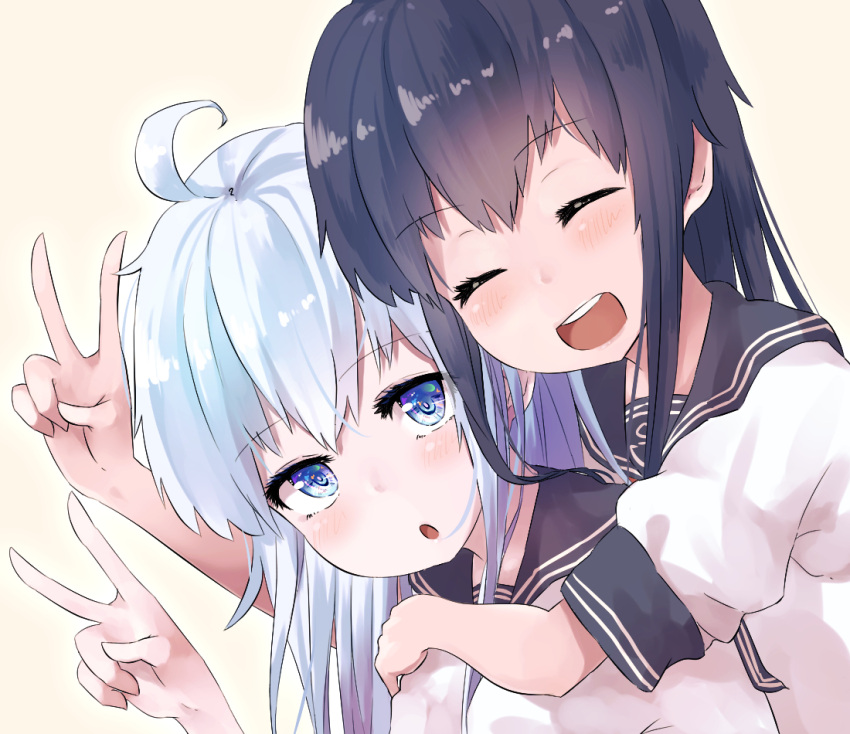 akatsuki_(kantai_collection) anchor_symbol blue_eyes blush closed_mouth double_v hair_between_eyes hair_ornament hibiki_(kantai_collection) hug hug_from_behind kantai_collection long_hair long_sleeves looking_at_viewer messy_hair open_mouth purple_hair school_uniform serafuku silver_hair smile taisho_(gumiyuki) v