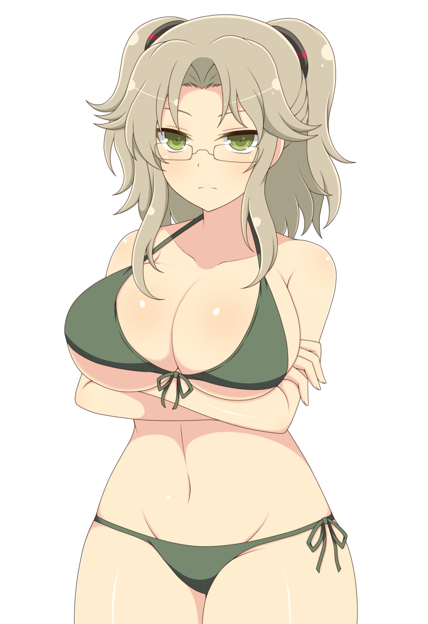 1girl :t bangs bikini breasts crossed_arms front-tie_top frown green_bikini green_eyes highres ichiryuu_tsumiki imu_(senran_kagura) large_breasts parted_bangs rimless_eyewear senran_kagura side-tie_bikini side-tie_bottom sidelocks swimsuit