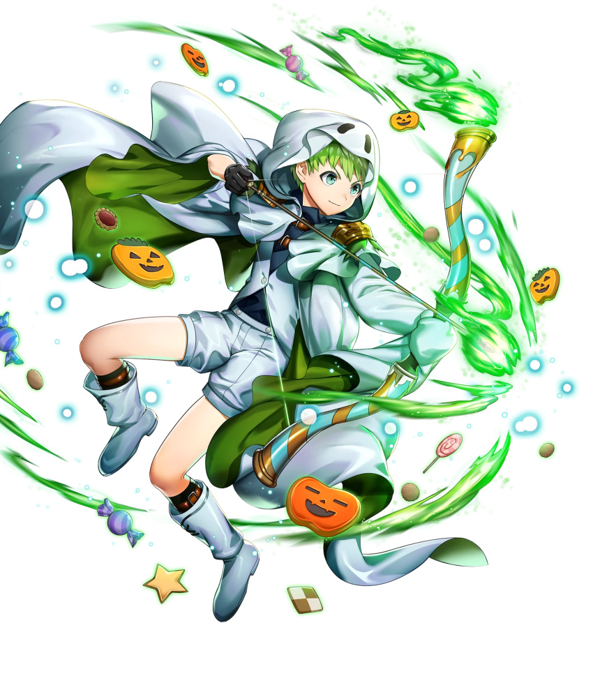 1boy alternate_costume arrow biscuit blue_eyes boots bow_(weapon) cake candy cape fire fire_emblem fire_emblem:_path_of_radiance fire_emblem_heroes food full_body ghost_costume gloves green_hair halloween halloween_costume highres mikurou_(nayuta) official_art pumpkin rolf_(fire_emblem) solo transparent_background weapon
