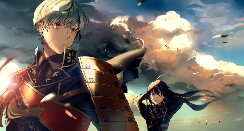 2boys ahoge aqua_hair armor arms_behind_head black_hair clouds cloudy_sky houhou_(black_lack) ichigo_hitofuri japanese_armor lens_flare male_focus military military_uniform multiple_boys namazuo_toushirou necktie parted_lips ponytail shoulder_armor sky smile sode tassel touken_ranbu uniform upper_body violet_eyes wind yellow_eyes