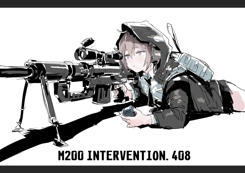 1girl bangs black_border black_neckwear black_skirt blush bolt_action border cheytac_m200 closed_mouth collared_shirt english_text girls_frontline gun holding hood hood_up hooded_jacket jacket long_sleeves lying m200_(girls_frontline) necktie on_stomach open_clothes open_jacket osakana_(denpa_yun'yun) pleated_skirt rifle scope shadow shirt silver_hair simple_background skirt sniper_rifle solo violet_eyes weapon white_background white_shirt