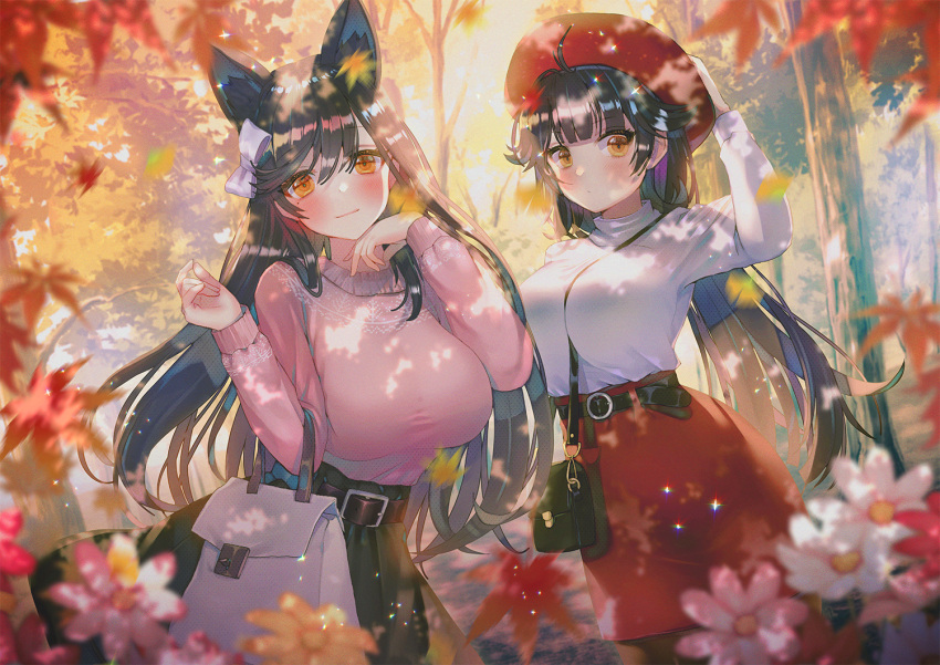 2girls ahoge alternate_costume animal_ears arm_up atago_(azur_lane) autumn autumn_leaves azur_lane bag belt beret between_breasts black_hair black_skirt blurry blurry_foreground blush bow breasts brown_eyes casual closed_mouth day depth_of_field extra_ears flower hair_bow hair_flaps hanato_(seonoaiko) hand_on_headwear handbag hands_up hat high-waist_skirt large_breasts leaf long_hair long_sleeves looking_at_viewer maple_leaf multiple_girls orange_eyes outdoors pink_flower pink_sweater red_flower red_headwear red_skirt shirt shirt_tucked_in shoulder_bag skirt smile sparkle sweater takao_(azur_lane) tree tree_shade very_long_hair white_flower white_shirt