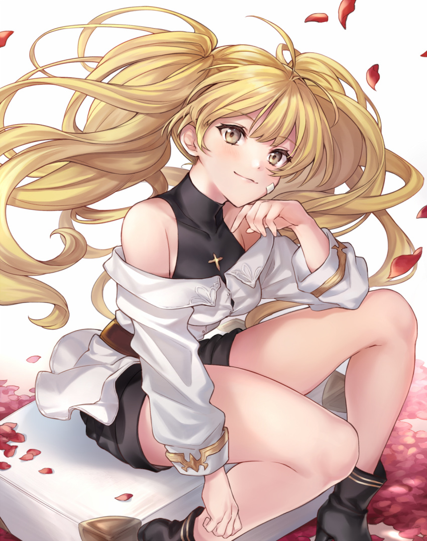 1girl ahoge bangs bare_shoulders black_footwear black_shirt black_shorts blonde_hair boots brown_eyes closed_mouth commentary_request covered_collarbone cross eyebrows_visible_through_hair granblue_fantasy hair_between_eyes hand_up high_heel_boots high_heels highres jacket long_hair long_sleeves monica_weisswind off_shoulder petals shiao shirt short_shorts shorts sleeveless sleeveless_shirt smile solo twintails very_long_hair white_background white_jacket