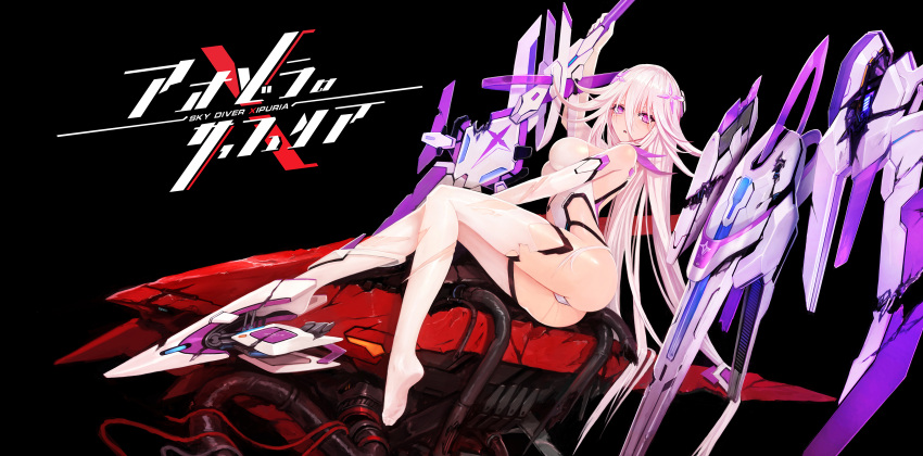 1girl absurdres ass bangs black_background breasts elbow_gloves gloves hair_between_eyes hair_ornament highres large_breasts leotard long_hair looking_at_viewer mecha_musume original parts_exposed pink_eyes pink_hair solo thigh-highs torn_clothes white_gloves white_legwear white_leotard zhuore_zhi_hen
