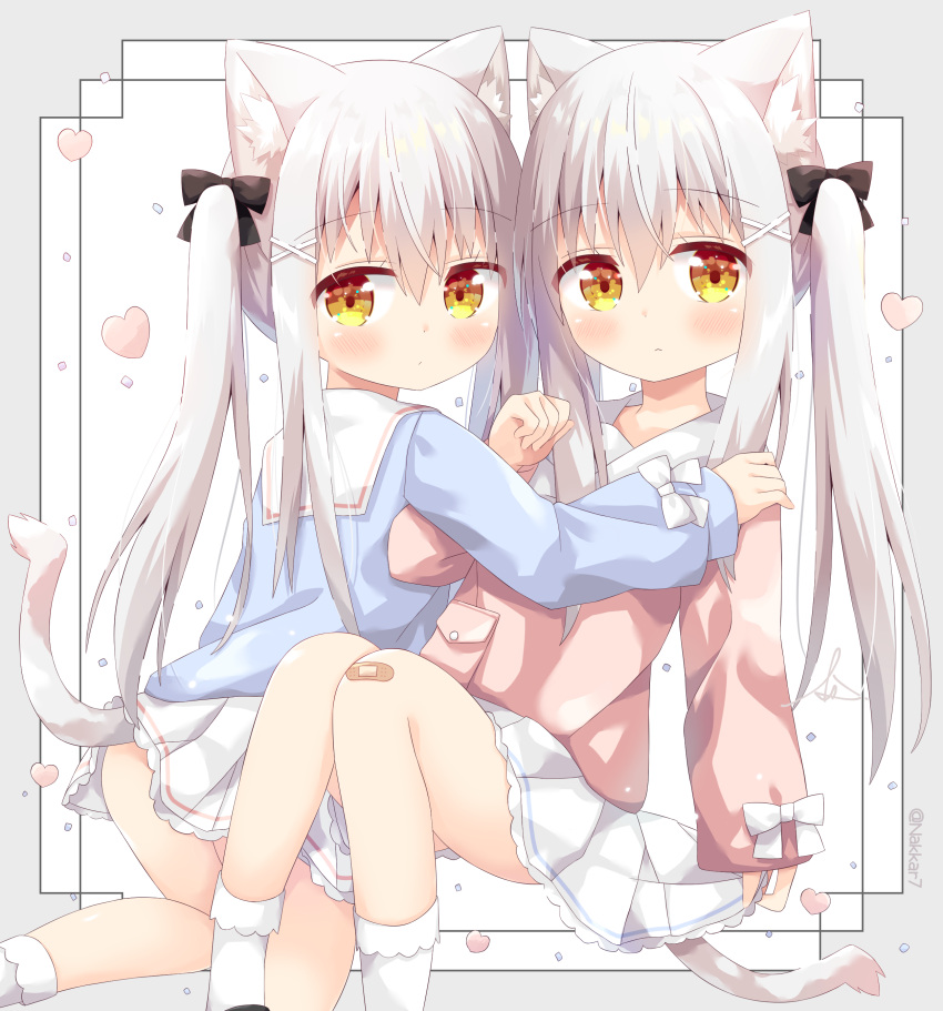 2girls absurdres animal_ear_fluff animal_ears bandaid bandaid_on_knee bangs black_bow blue_shirt blush bobby_socks bow brown_eyes brown_shirt cat_ears cat_girl cat_tail closed_mouth commentary_request eyebrows_visible_through_hair feet_out_of_frame grey_hair hair_between_eyes hair_bow hair_ornament hairclip hand_on_another's_shoulder heart highres kneeling knees_up long_hair long_sleeves looking_at_viewer multiple_girls nakkar original pleated_skirt puffy_long_sleeves puffy_sleeves sailor_collar school_uniform serafuku shirt sitting skirt sleeves_past_wrists socks tail twintails twitter_username very_long_hair white_bow white_legwear white_sailor_collar white_skirt x_hair_ornament