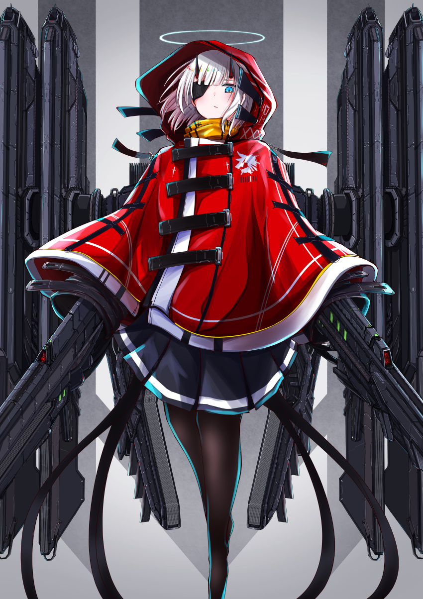 1girl absurdres blue_eyes cloak eyepatch feet_out_of_frame gun halo highres hood hood_up hooded_cloak horns looking_at_viewer mecha_musume original pantyhose red_cloak rifle scarf science_fiction skirt solo uggrgregg weapon white_hair