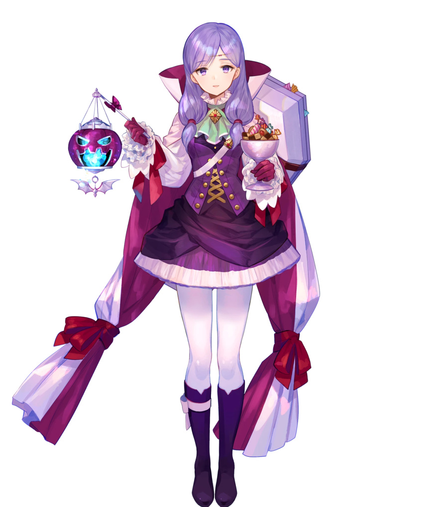 1girl alternate_costume bangs boots breasts buttons candy cape detached_sleeves dress eyebrows_visible_through_hair fire_emblem fire_emblem:_path_of_radiance fire_emblem:_radiant_dawn fire_emblem_heroes food fuji_choko full_body gloves halloween_costume highres holding ilyana_(fire_emblem) jewelry knee_boots long_hair long_sleeves looking_at_viewer medium_breasts official_art pantyhose parted_lips purple_footwear purple_gloves purple_hair shiny shiny_hair short_dress skirt smile solo tied_hair transparent_background violet_eyes white_legwear