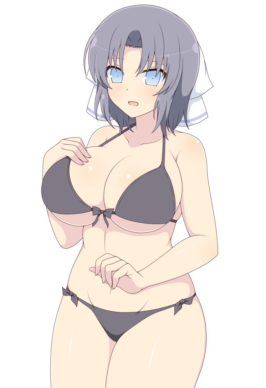 1girl :o bikini breasts front-tie_bikini front-tie_bra front-tie_top grey_bikini grey_hair highres ichiryuu_tsumiki large_breasts senran_kagura side-tie_bottom solo swimsuit under_boob white_background yumi_(senran_kagura)