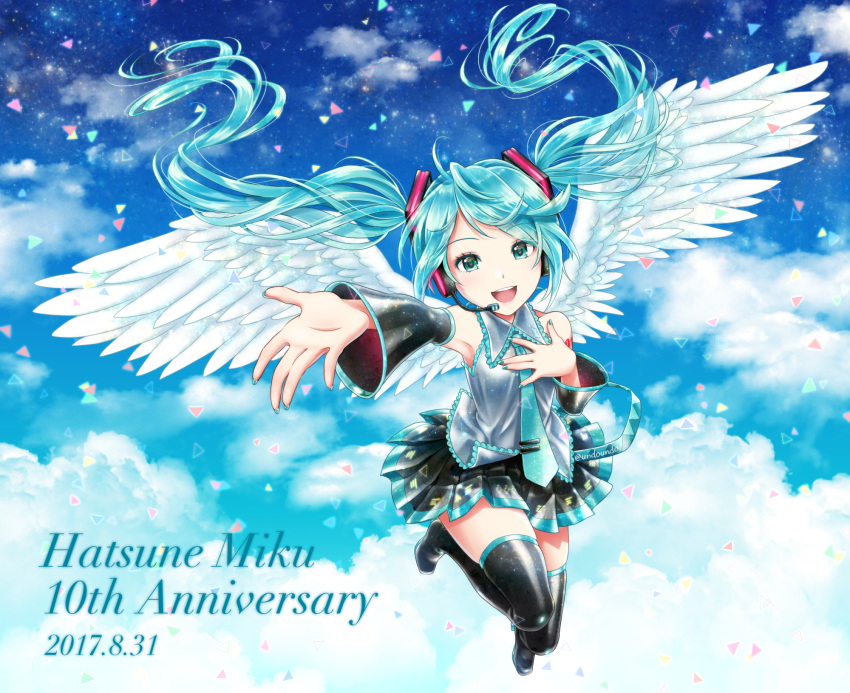 1girl 2017 :d angel_wings asami_(undoundo) black_footwear black_skirt black_sleeves blue_hair blue_neckwear blue_sky boots character_name clouds dated detached_sleeves dress_shirt feathered_wings floating_hair full_body green_eyes grey_shirt hair_ornament hatsune_miku headphones headset highres long_hair long_sleeves looking_at_viewer microphone miniskirt necktie open_mouth outstretched_arm pleated_skirt shiny shiny_hair shirt skirt sky sleeveless sleeveless_shirt smile solo sparkle thigh-highs thigh_boots twintails very_long_hair vocaloid white_wings wings zettai_ryouiki