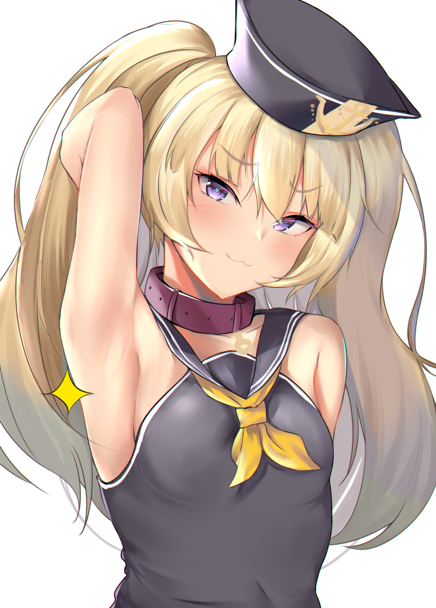 1girl :3 absurdres anchor_print arm_up armpits azur_lane bache_(azur_lane) bare_arms bare_shoulders black_headwear black_sailor_collar black_shirt blonde_hair blush breasts closed_mouth collar hat highres huge_filesize long_hair looking_at_viewer neckerchief sailor_collar sailor_hat sailor_shirt shirt simple_background sleeveless sleeveless_shirt small_breasts smile solo sparkle two_side_up upper_body violet_eyes white_background zengi