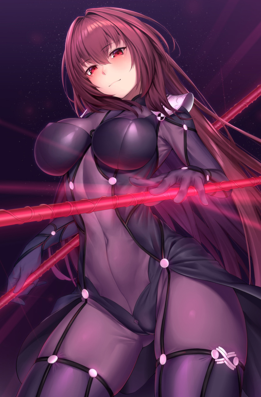 1girl bangs blush bodysuit breasts covered_navel eyebrows_visible_through_hair fate/grand_order fate_(series) gae_bolg hair_between_eyes highres holding large_breasts long_hair looking_at_viewer lun7732 pauldrons polearm purple_bodysuit purple_hair red_eyes scathach_(fate)_(all) scathach_(fate/grand_order) smile solo spear very_long_hair weapon