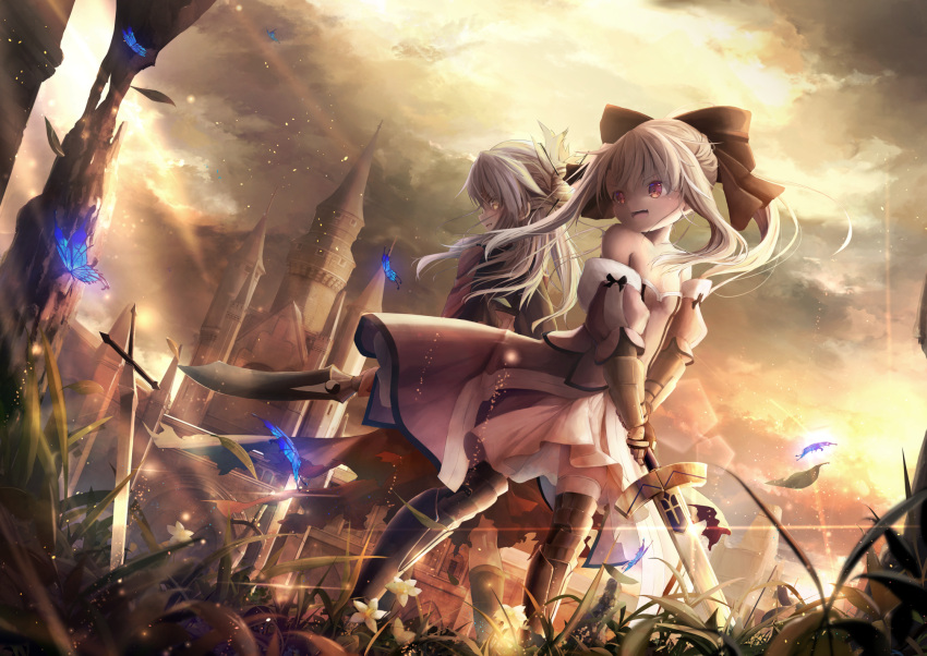 2girls :d animal archer archer_(cosplay) armored_boots artoria_pendragon_(all) bangs black_bow blurry blurry_foreground boots bow breasts brown_eyes bug building butterfly caliburn chloe_von_einzbern clouds cloudy_sky commentary_request cosplay depth_of_field detached_sleeves dress dutch_angle eyebrows_visible_through_hair fate/kaleid_liner_prisma_illya fate/stay_night fate/unlimited_codes fate_(series) flower grey_hair hair_between_eyes hair_bow highres holding holding_sword holding_weapon illyasviel_von_einzbern insect jacket kanshou_&amp;_bakuya long_hair multiple_girls open_mouth outdoors ponytail profile puffy_short_sleeves puffy_sleeves red_eyes red_jacket saber_lily saber_lily_(cosplay) short_sleeves sidelocks sky small_breasts smile standing strapless strapless_dress sunlight sword thigh-highs tower utatanecocoa weapon white_dress white_flower white_legwear white_sleeves