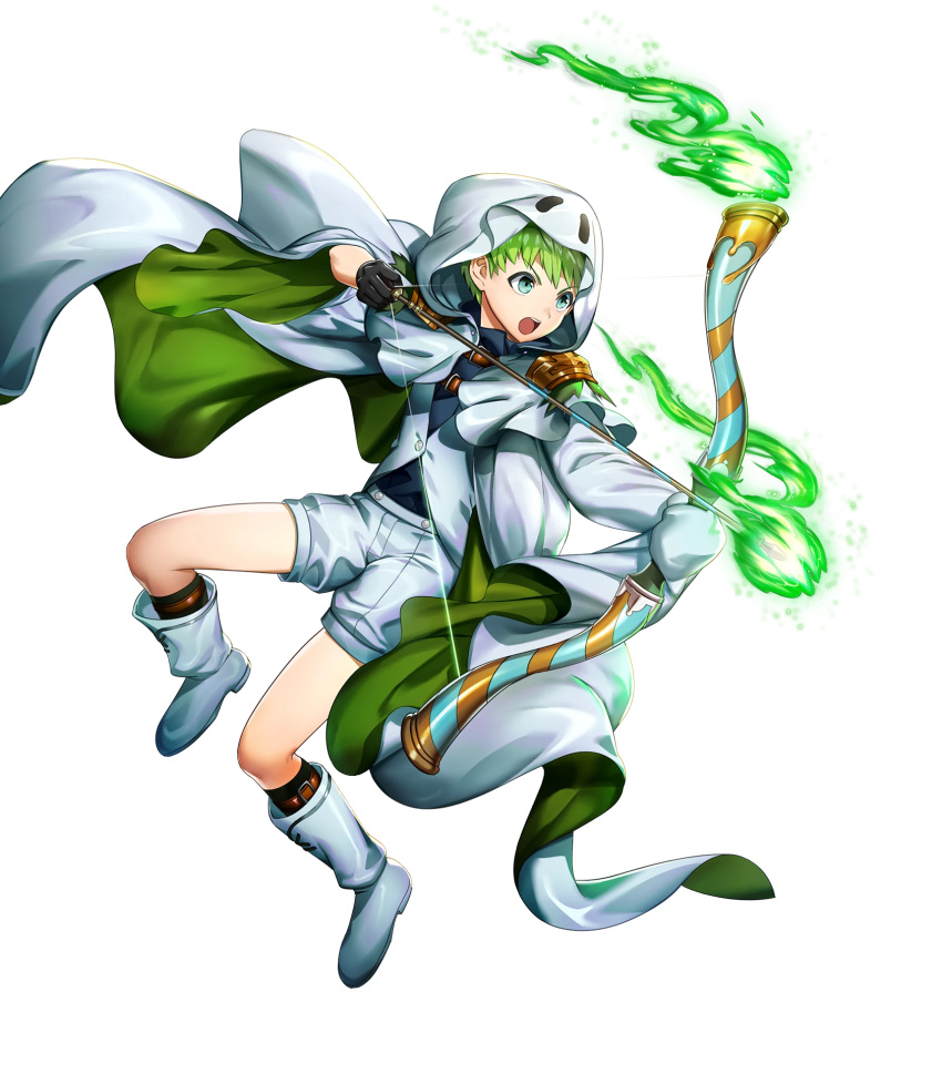 1boy alternate_costume arrow blue_eyes boots bow_(weapon) cake cape fire fire_emblem fire_emblem:_path_of_radiance fire_emblem_heroes food full_body ghost_costume gloves green_hair halloween halloween_costume highres mikurou_(nayuta) official_art open_mouth pumpkin rolf_(fire_emblem) solo teeth transparent_background weapon