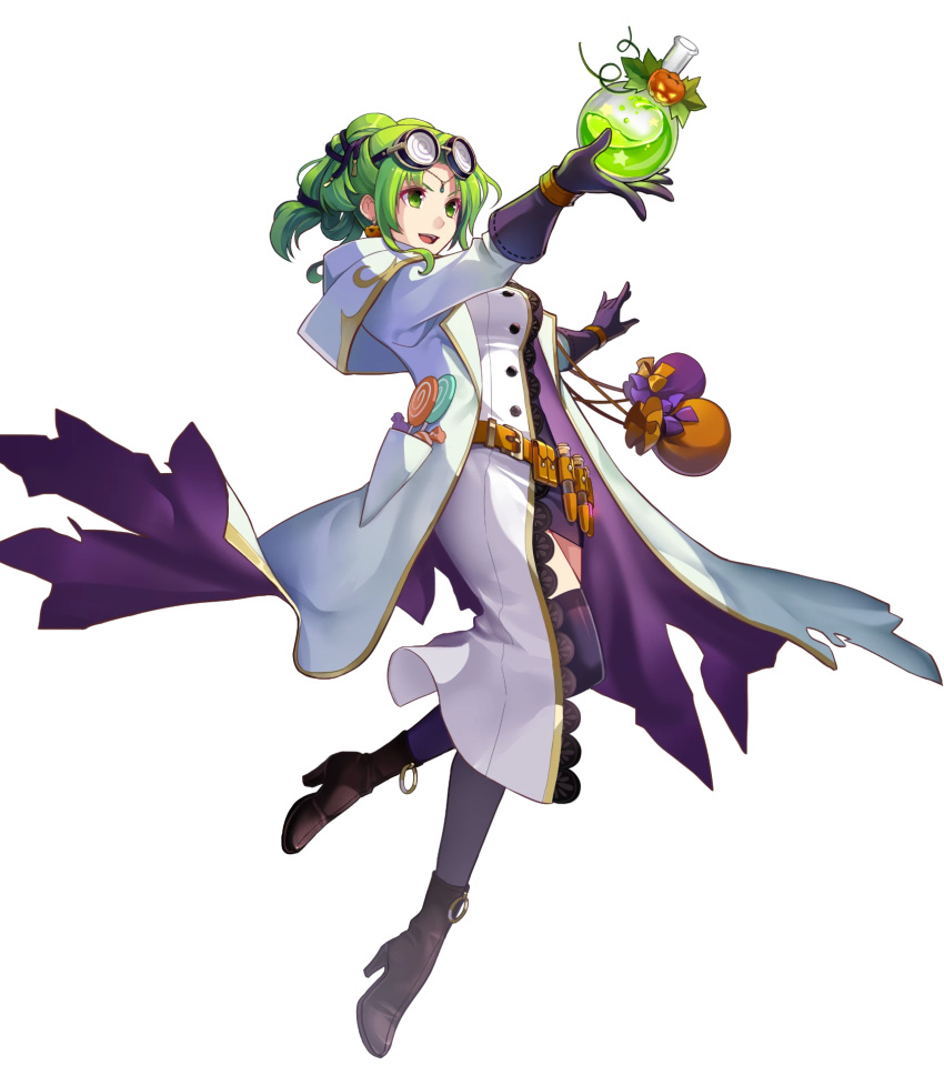 1girl bangs black_footwear black_legwear boots breasts buttons candy coat earrings eyewear_on_head fire_emblem fire_emblem:_the_sacred_stones fire_emblem_heroes food full_body glasses gloves green_eyes green_hair halloween_costume high_heel_boots high_heels highres holding jewelry konfuzikokon l'arachel_(fire_emblem) labcoat long_hair looking_away medium_breasts official_art open_mouth shiny shiny_hair smile solo test_tube thigh-highs tied_hair transparent_background turtleneck
