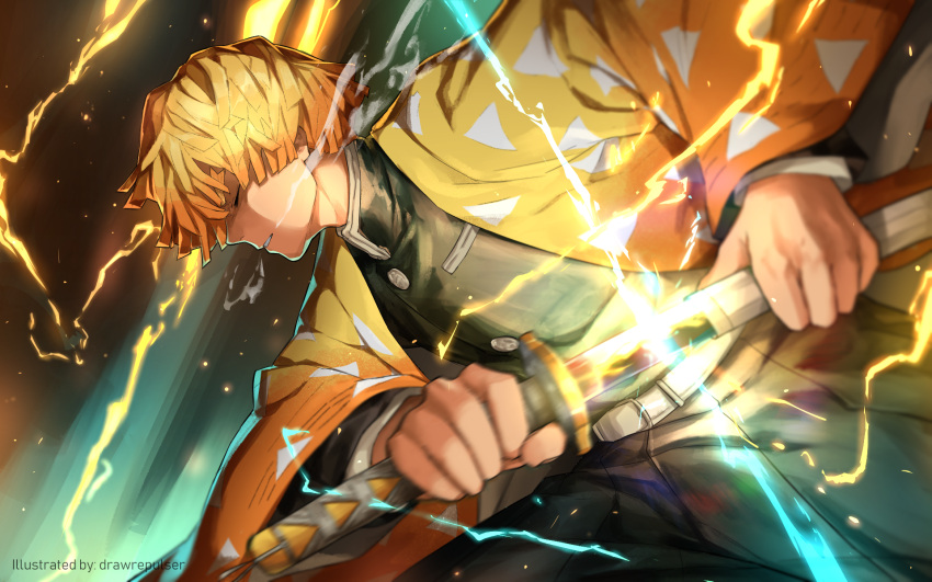 1boy agatsuma_zenitsu artist_name blonde_hair closed_eyes drawrepulser electricity highres holding holding_sheath holding_sword holding_weapon katana kimetsu_no_yaiba male_focus parted_lips sheath solo sword unsheathing weapon