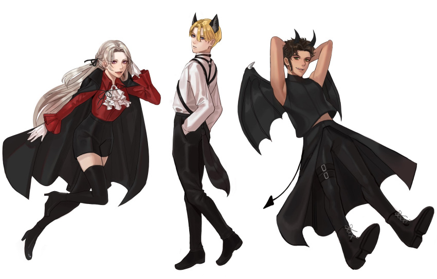 1girl 2boys animal_ears arms_up black_cape black_legwear black_pants blonde_hair brown_hair cape cat_ears claude_von_riegan dark_skin dark_skinned_male demon_horns demon_tail demon_wings dimitri_alexandre_blaiddyd edelgard_von_hresvelg fake_animal_ears fire_emblem fire_emblem:_three_houses from_side gloves green_eyes hair_ribbon halloween_costume hands_in_pockets high_heels highres horns long_hair long_sleeves looking_to_the_side multiple_boys muntjac_art open_mouth pants parted_lips ribbon short_hair simple_background skirt sleeveless tail thigh-highs violet_eyes white_background white_gloves wings zettai_ryouiki