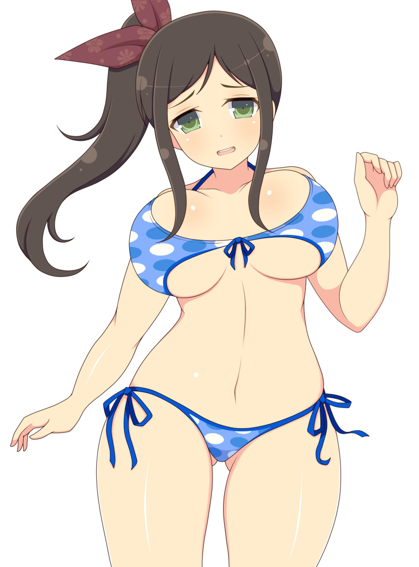 1girl :d bikini blue_bikini breasts brown_hair green_eyes highres ichiryuu_tsumiki large_breasts murakumo_(senran_kagura) open_mouth senran_kagura side-tie_bottom smile solo swimsuit teeth tied_hair white_background