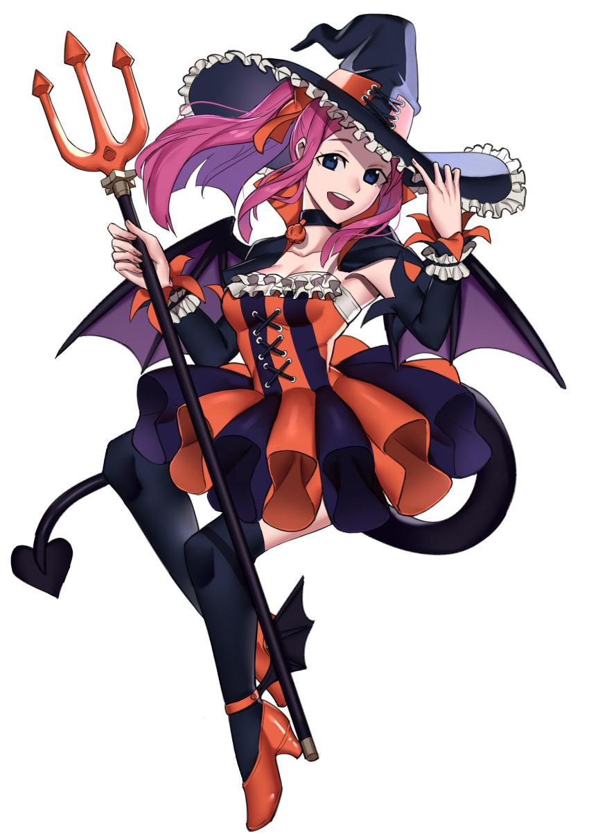1girl absurdres black_legwear blue_eyes choker cosplay demon_tail demon_wings ebinku elizabeth_bathory_(fate)_(all) elizabeth_bathory_(halloween_caster)_(fate) elizabeth_bathory_(halloween_caster)_(fate)_(cosplay) fate/grand_order fate_(series) felicia_(fire_emblem) fire_emblem fire_emblem_fates full_body halloween_costume hat high_heels highres holding long_hair long_sleeves open_mouth pink_hair polearm simple_background solo tail thigh-highs trident weapon white_background wings witch_hat