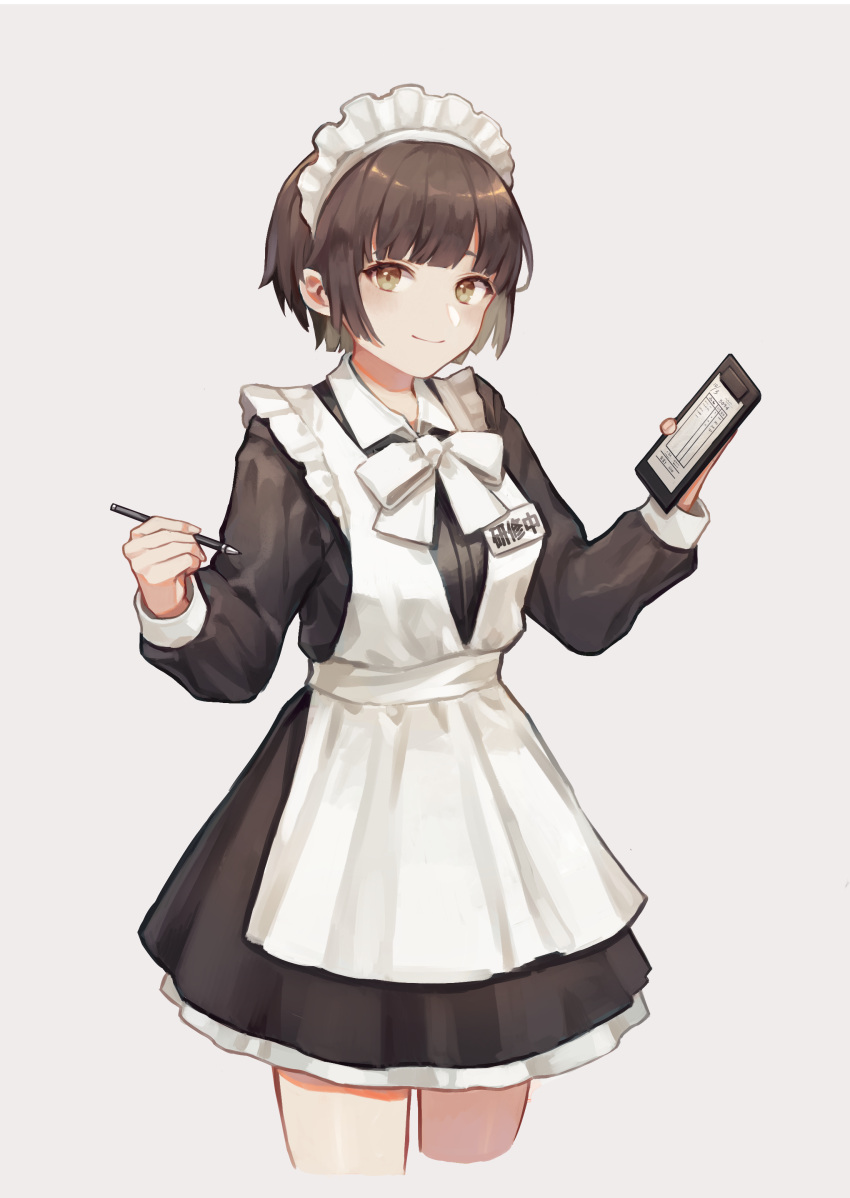 1girl absurdres apron bangs black_dress bow brown_eyes brown_hair closed_mouth collared_dress commentary_request cowboy_shot cropped_legs dress eyebrows_behind_hair frilled_apron frills grey_background highres holding holding_pencil long_sleeves looking_at_viewer maid maid_headdress original pencil saino short_hair simple_background smile solo white_apron white_bow