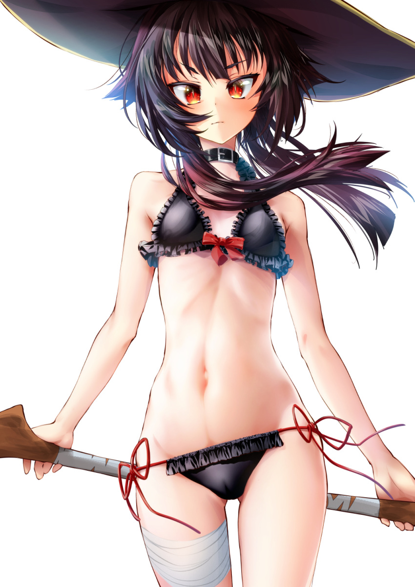 1girl ass_visible_through_thighs bandaged_leg bandages belt belt_collar black_belt black_bra black_hair black_panties bra closed_mouth cluseller collar cowboy_shot flat_chest floating_hair frilled_bra frilled_panties frills groin hat highres holding holding_staff kono_subarashii_sekai_ni_shukufuku_wo! long_hair looking_at_viewer megumin orange_eyes panties shiny shiny_hair side-tie_panties simple_background solo staff standing thigh_gap underwear underwear_only white_background