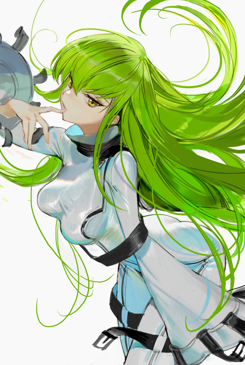 1girl absurdres ass c.c code_geass green_hair hair_between_eyes highres long_hair parted_lips shycocoa simple_background sleeves_past_wrists smile solo tight white_background yellow_eyes