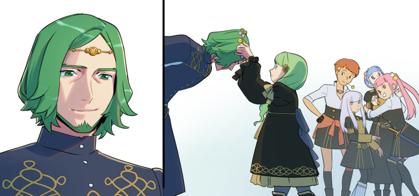 1boy 5girls beard black_gloves black_legwear blue_hair blue_legwear boots bow brother_and_sister brown_eyes closed_mouth facial_hair fire_emblem fire_emblem:_three_houses flayn_(fire_emblem) flower from_side garreg_mach_monastery_uniform gloves green_eyes green_hair hair_flower hair_ornament hilda_valentine_goneril knee_boots leonie_pinelli long_hair long_sleeves lysithea_von_ordelia marianne_von_edmund multiple_girls open_mouth orange_eyes orange_hair pink_eyes pink_hair seteth_(fire_emblem) short_hair short_sleeves siblings smile thigh-highs twintails uniform viivus white_hair