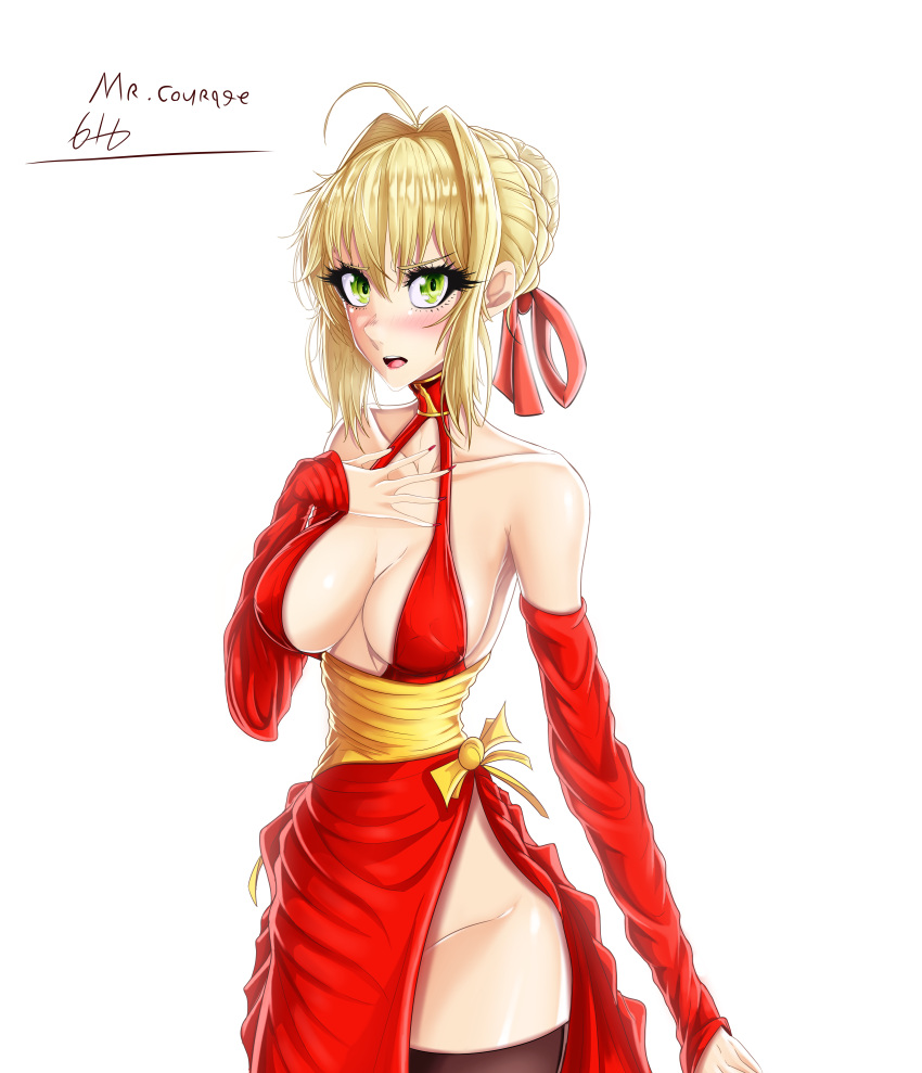 1girl blonde_hair blush bow braid collar fate/grand_order fate_(series) green_eyes hand_on_own_chest large_breasts long_fingernails mr.courage616 nero_claudius_(fate) nero_claudius_(fate)_(all) open_mouth red_bow red_dress red_neckwear red_ribbon red_skirt simple_background thigh-highs thighs white_background