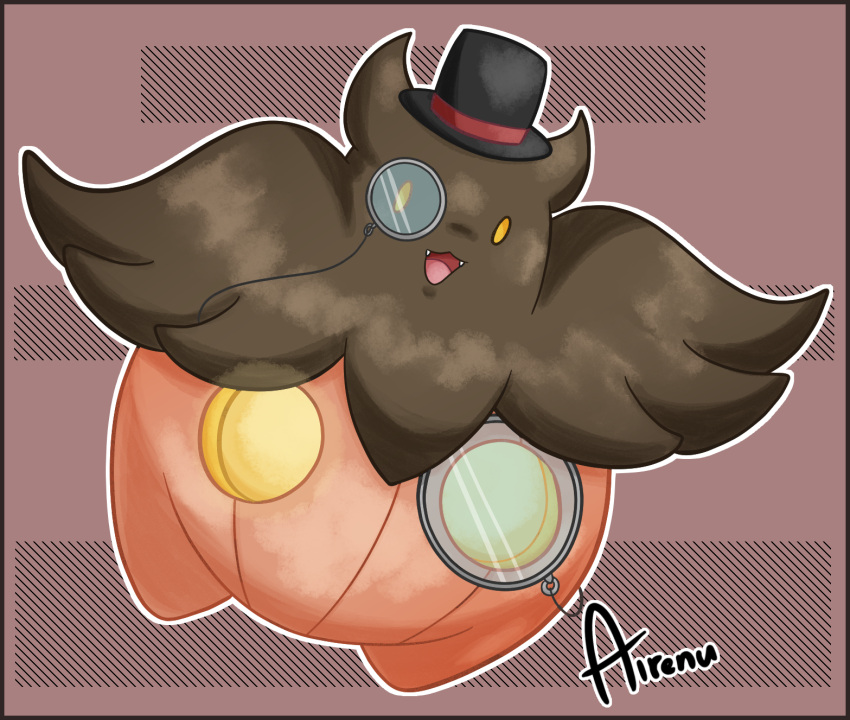 :d airenu artist_name black_headwear brown_background gen_6_pokemon hat highres looking_at_viewer monocle no_humans open_mouth pokemon pokemon_(creature) pumpkaboo simple_background smile solo top_hat yellow_eyes