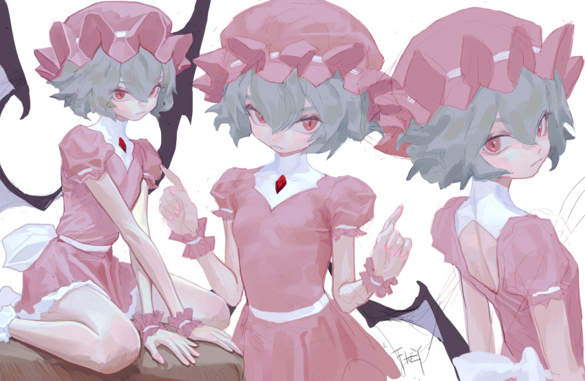 1girl 3girls blue_hair dress expressionless fkey hat mob_cap multiple_girls pink_dress pink_headwear red_eyes remilia_scarlet short_dress short_sleeves slit_pupils touhou